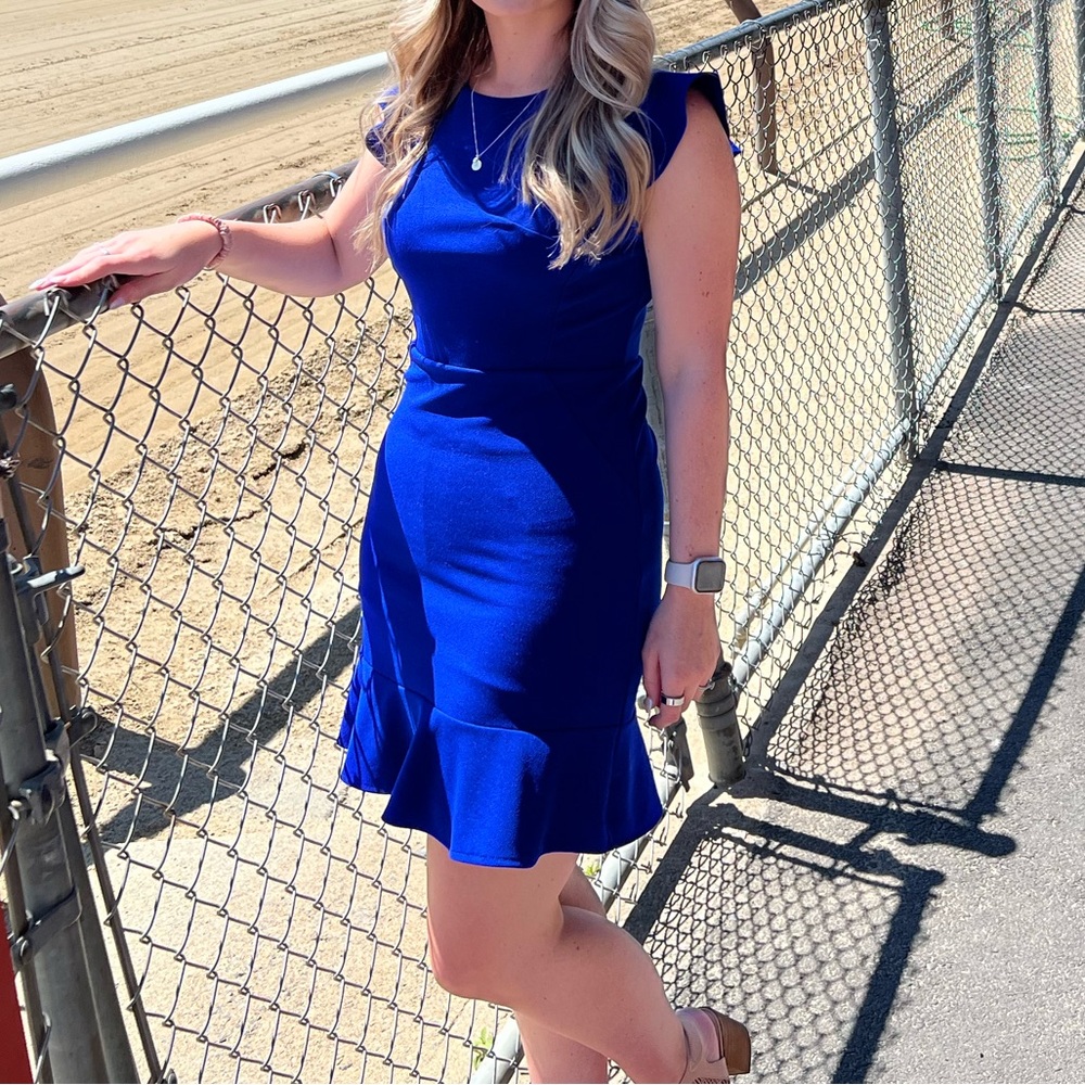 She + Sky Royal Blue Ruffle Hem Cap Sleeve Dress
